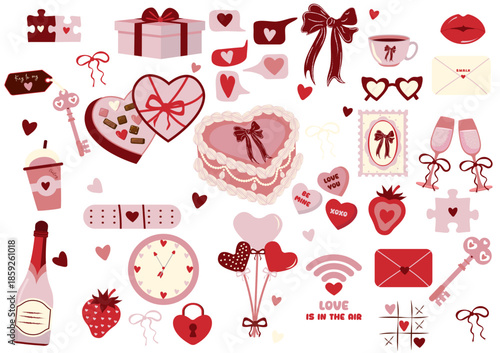 Cute Valentine's Day vector coquette set: hearts, chocolate, cake, balloons, love letters, icons champagne heart sunglasses and padlock. Romantic flat illustrations, isolated, cards, stickers.  