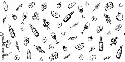 A delightful pattern showcasing sketches of wine fruit and cheese delicacies