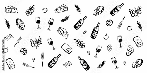 A charming collection of hand drawn wine cheese and fruit illustrations