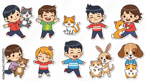 Cute Cartoon Children and Happy Pets Illustration Collection