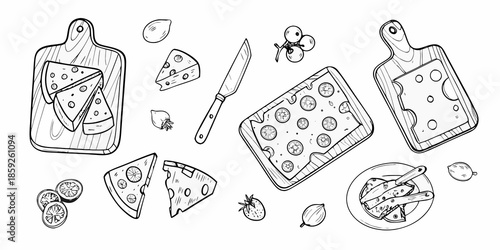 A sketch of cheese cutting boards and a knife on a white background