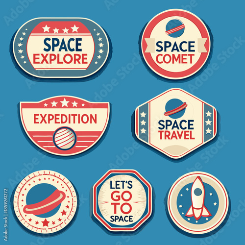 Collection of colorful space themed badges and emblems with planets and rockets