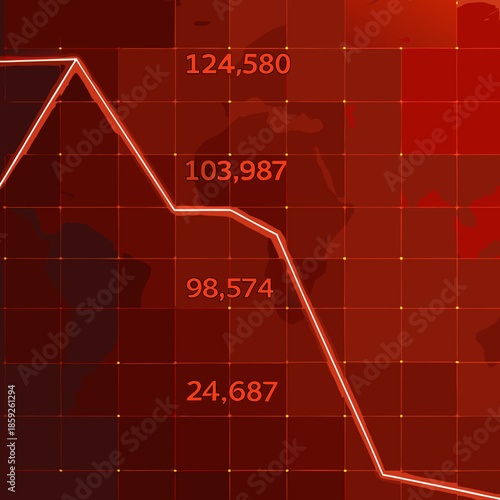 Dramatic financial downturn visualized with a red line graph and global map