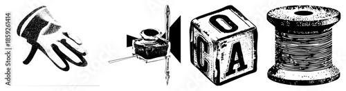 glove inkwell alphabet block thread spool vector set