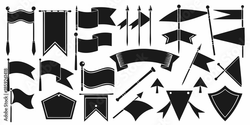 Collection of heraldic flags pennants shields and spears in monochrome style