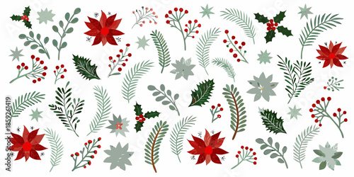 A festive collection of winter foliage and vibrant poinsettia blooms displayed