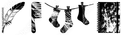 feather comb socks notebook black and white vector set