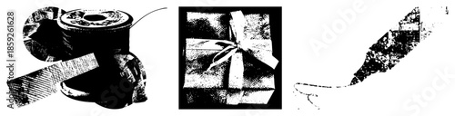 sewing thread spool and gift wrapped present with ribbon