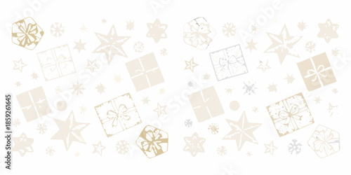 Golden gift boxes and sparkling stars create a festive holiday background