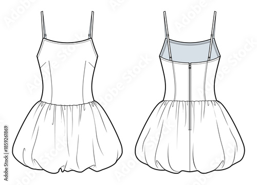 Bubble Hem Mini Dress Technical Fashion Illustration. Sleeveless Fit-and-Flare Dress with Spaghetti Straps and Voluminous Skirt. Front and Back Views. Women’s Wear. CAD Mockup Set.
