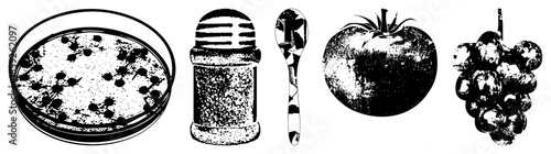 petri dish bacteria colonies salt shaker spoon tomato grapes