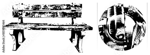 wooden bench and bottle vector illustration