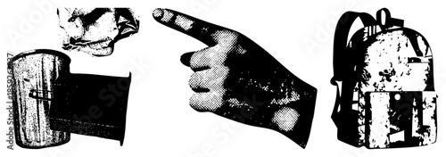 hand pointing at trash can and backpack