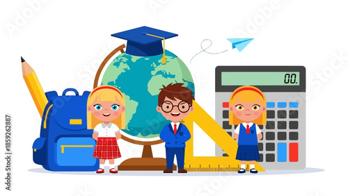 Children in school uniforms standing with educational tools and globe nearby indoors