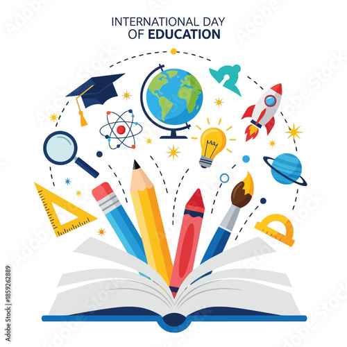 International Day of Education Illustration with School Supplies and Globe on Book
