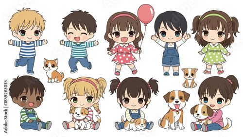Cute Cartoon Children and Happy Pets Illustration Collection