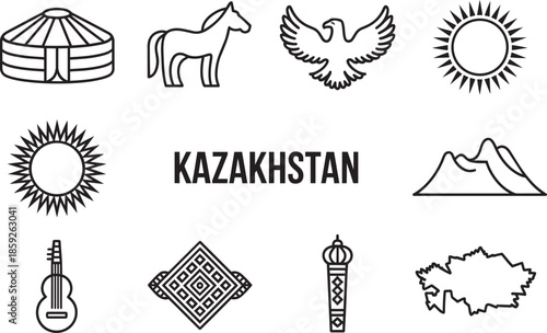 Kazakhstan travel culture icons set featuring yurt horse eagle sun and national landmarks art