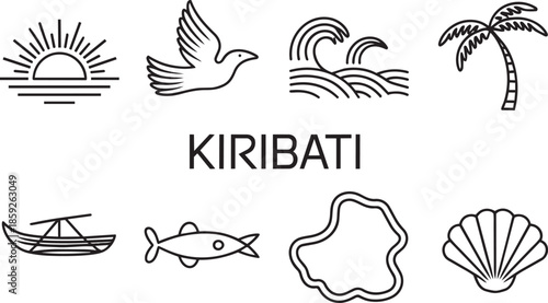 Kiribati destination symbols featuring bird sun and traditional boat in minimalist line style