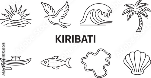 Kiribati island travel icons collection with ocean waves and tropical palm trees line design