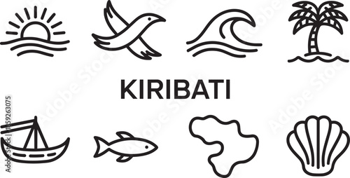 Kiribati tropical travel icons featuring ocean nature and cultural symbols in outline design