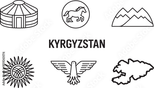 Kyrgyzstan line art icons set, central asia travel symbols collection in thin line style design