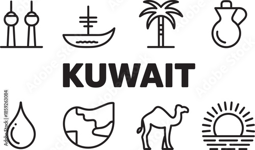 Kuwait line art icons set, gulf country travel symbols collection in thin line style design