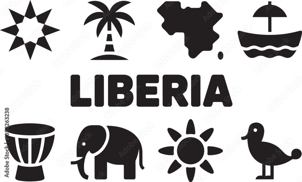 Fototapeta premium Liberia travel black icons set flat design symbols collection star palm tree map elephant drum boat