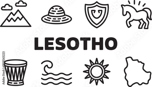 Lesotho travel line icons set collection sotho pony sun basotho hat shield mountain wave vector symbols