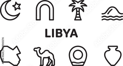 Set of outline icons representing culture landmarks and symbols of Libya country