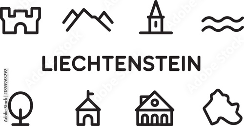 Set of outline icons representing culture landmarks and symbols of Liechtenstein country