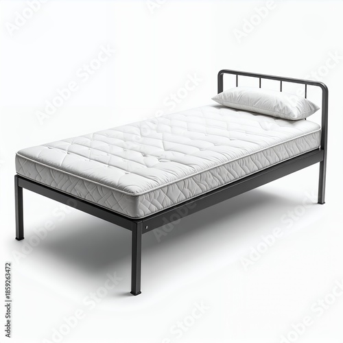 Minimalist metal framed single bed with white mattress against a white background