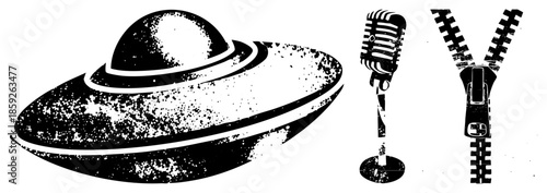 ufo microphone zipper black and white vector