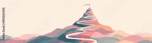 A colorful abstract mountain landscape with a winding path leading to a peak, topped with a flag.