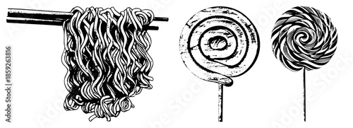 noodles chopsticks lollipop swirls vector illustration