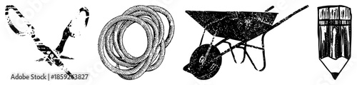 scissors rope wheelbarrow pencil vector