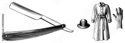 Vintage straight razor with bowler hat dress and hand