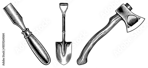 woodworking tools set vintage engraved style