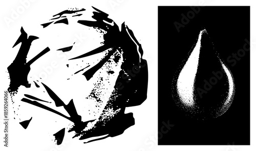 abstract black ink splatter circle and white droplet halftone