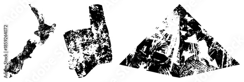 Three geographic landmasses stylized as black and white vector silhouettes