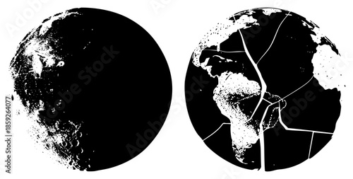 two globes abstracted with speckled texture and fragmented continents