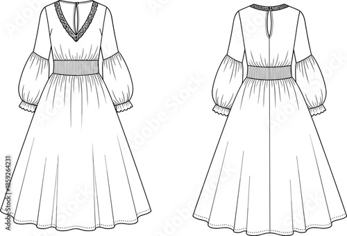 Technical fashion sketch of a women's V-neck midi dress featuring puff sleeves and embroidered lace trim for apparel manufacturing and design