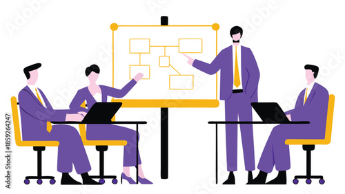 Flat illustration of four business people in purple suits discussing and planning together around a table with laptops and a flowchart