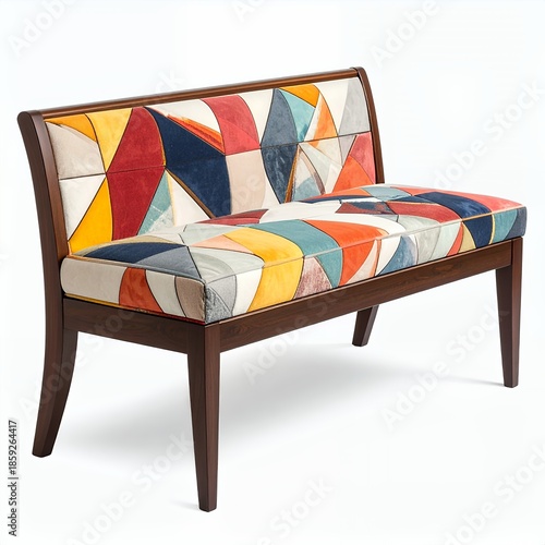 A distinctive patchwork bench seat exhibiting a colorful diamond pattern on a white background