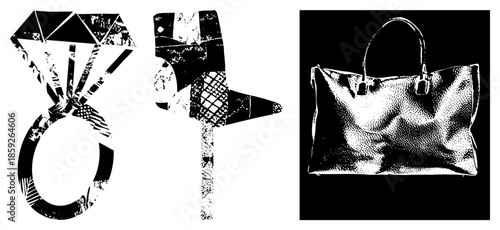 diamond ring high heel handbag vector collage