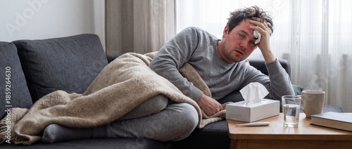 Man with flu symptoms lying on couch covered with blanket looking unwell at home