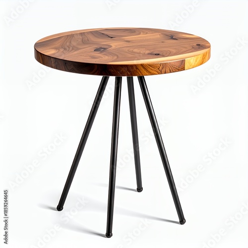 Elegant round wooden table with metal legs isolated on a crisp white background