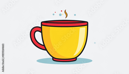 Illustration of a Yellow Coffee Cup with Red Trim and Steam.