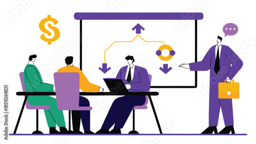 Flat vector illustration of business team in meeting with leader presenting on whiteboard with arrows and dollar sign