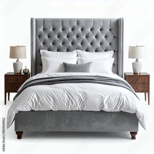 Elegant bedroom arrangement showcasing a tufted headboard bed on white backdrop