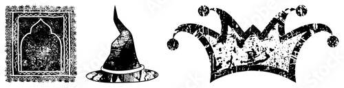 Three vintage style mosque arch, witch hat, jester crown